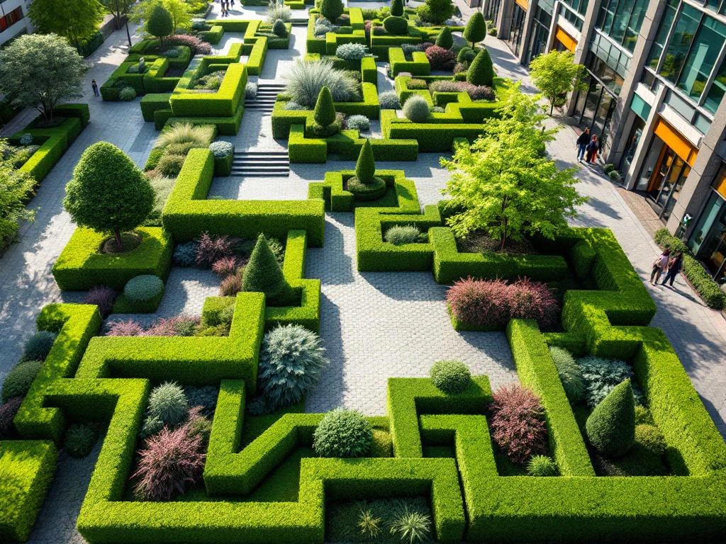 Luchtfoto van commercieel landschap met geometrische hagen, beuken en siergrassen rond moderne kantoorgebouwen