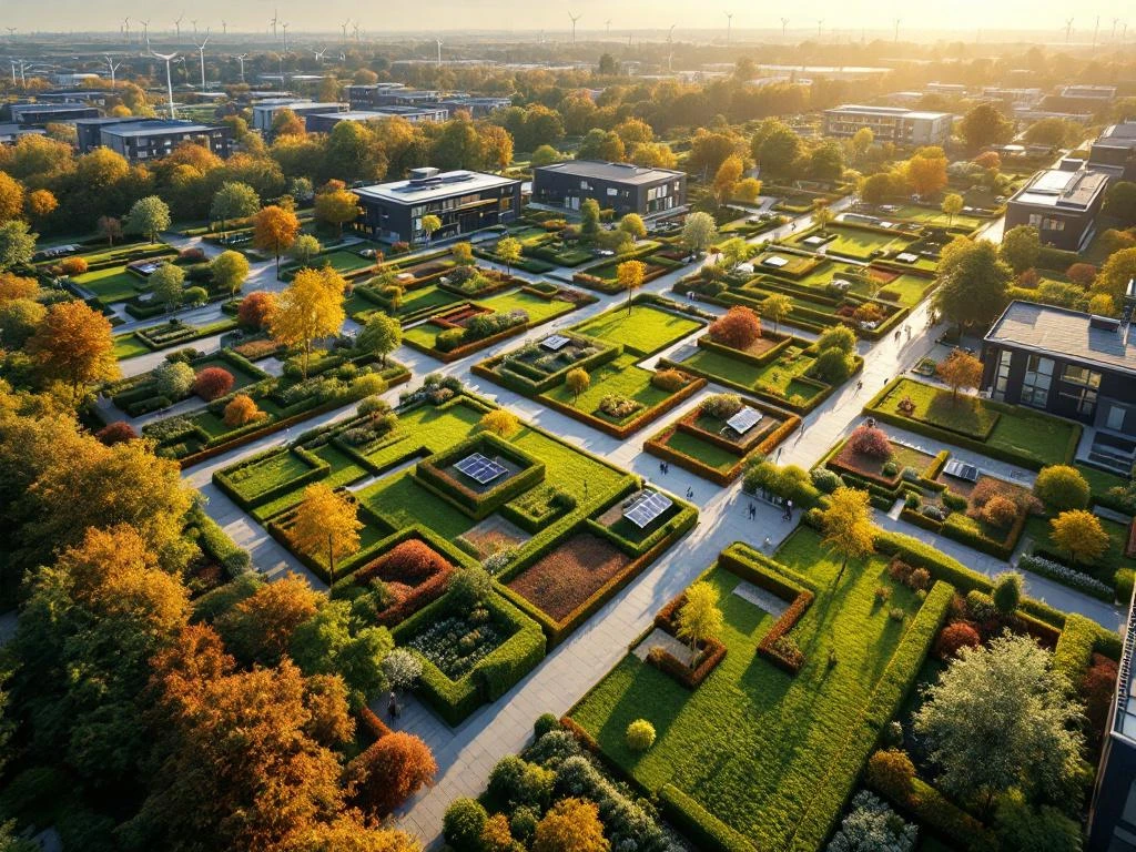 Luchtfoto van duurzame commerciële ontwikkeling met zonnepanelen, groene daken en windmolens op de achtergrond