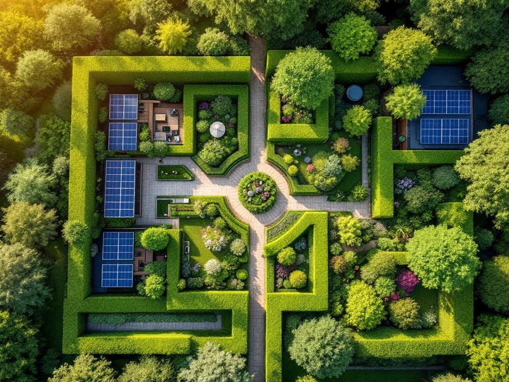 Luchtfoto van duurzame tuin met geometrische beukenhagen, zonnepanelen, regenopvang en wilde bloemenweides