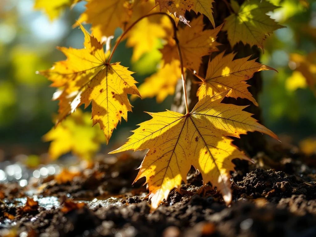 Gestresste esdoorn met gele en bruine bladeren door droogte, wateroverlast en zoutschade in directe zon