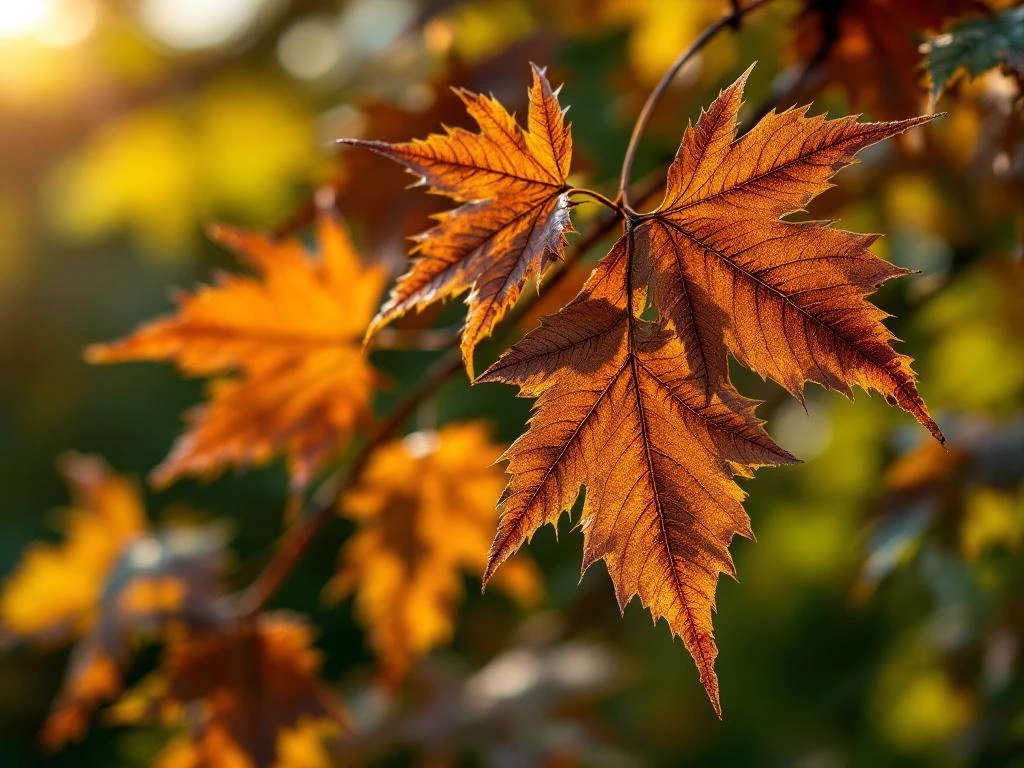 Stervende Acer campestre tak met verwelkte bruine bladeren en zichtbare nerven, contrasteerd tegen gezond groen gebladerte