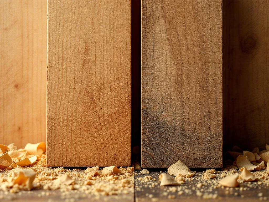 Veldesdoorn hout close-up: verse doorsnede met honingkleurige nerf naast verweerd exemplaar met donkere patina
