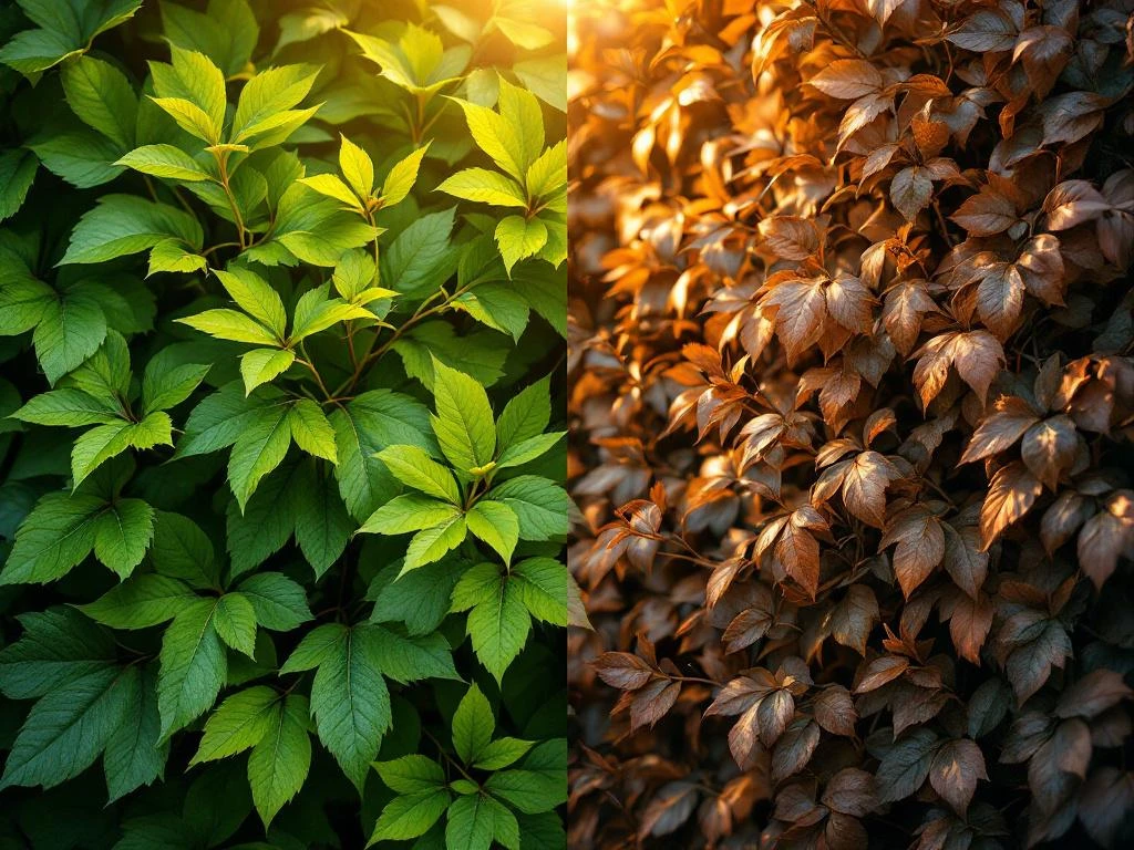 Fagus sylvatica beukhaag in seizoenscontrast: groene zomerbladeren links, bruine winterbladeren rechts voor privacy