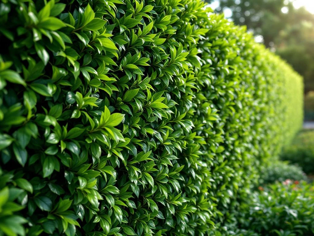 Dichte groenblijvende haag met weelderig groen bladwerk voor natuurlijke privacy screening in tuin