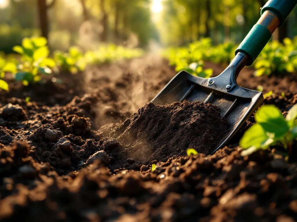 Donkere grond wordt bewerkt met tuingereedschap, jonge beukenbomen op achtergrond klaar voor aanplant in ochtendlicht