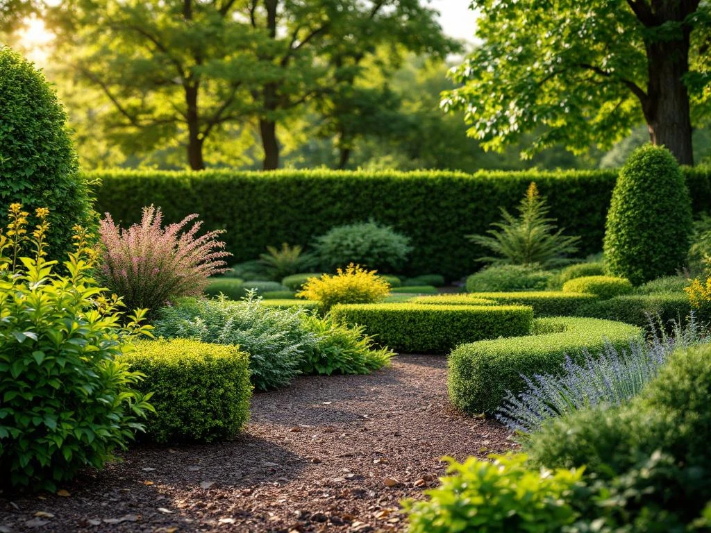 Tuinlandschap met diverse hagen en struiken inclusief buxus, forsythia en haagbeuk in natuurlijke setting