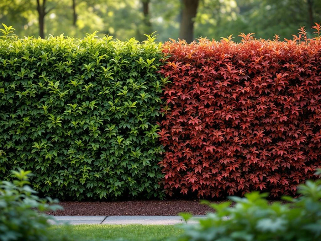 Gemanicuurde haag met groene beukenbladeren die overgaan in koperrode haagbeuken in professionele tuinomgeving