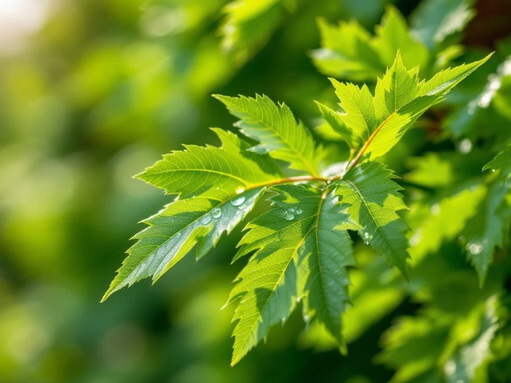 Verse haagbeuk bladeren met getande randen en dauwdruppels, haag op achtergrond wazig