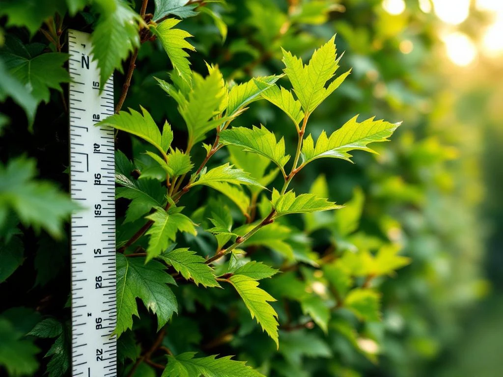 Groene haagbeuk bladeren met getande randen en meetlint bij jonge scheuten, natuurlijk licht op achtergrond