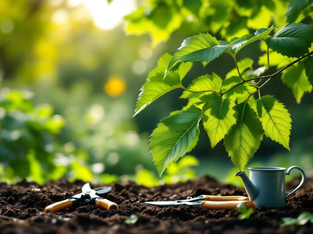 Carpinus betulus takken met groene gezaagde bladeren en tuingereedschap op donkere grond in natuurlijke tuin