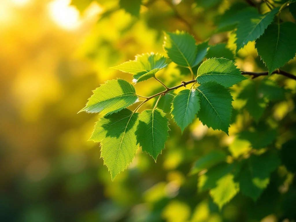 Groene haagbeuk bladeren in gouden zonlicht met scherpe details van getande randen en natuurlijke bokeh achtergrond