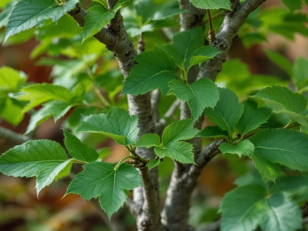 Haagbeuk (Carpinus betulus) met geribde bladeren en gladde grijze schors in natuurlijke tuin omgeving