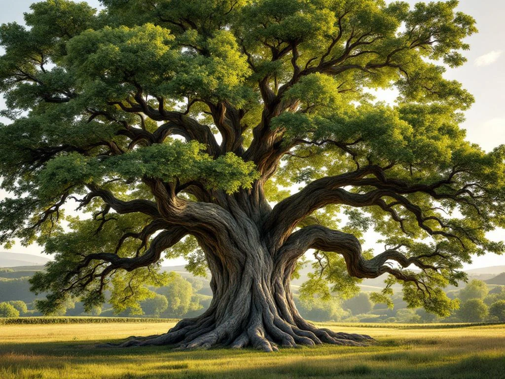 Eeuwenoude haagbeuk met massieve stam en uitgestrekte kroon in gouden middaglicht op glooiend landschap