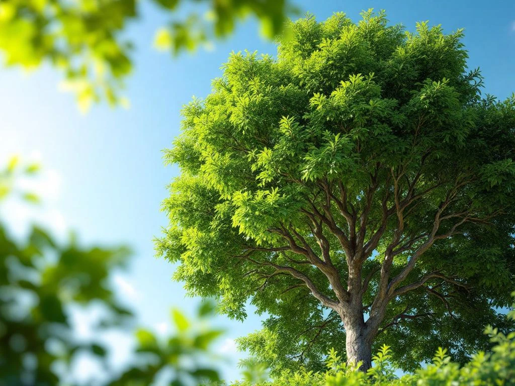 Volwassen haagbeuk (Carpinus betulus) boom met dichte groene bladkroon tegen blauwe hemel, lage hoekopname