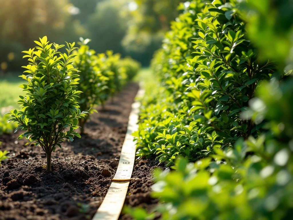 Jonge haagbeuk planten in perfecte rij geplant met meetlint, gezonde groene bladeren in rijke donkere tuinaarde