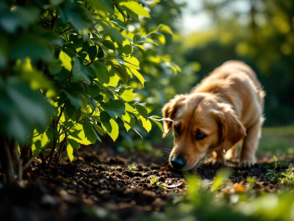Gouden retriever snuffelt voorzichtig aan haagbeukhaag met groene bladeren in natuurlijk zonlicht