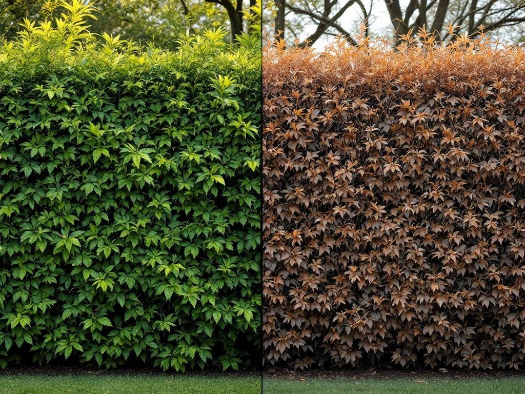 Haagbeuk heg in zomer met groene bladeren en winter met bruine bladeren, split-screen vergelijking van seizoensverandering