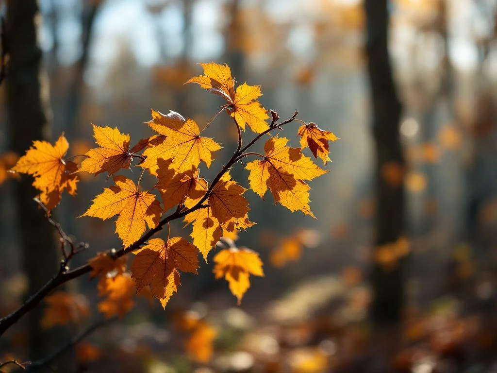 Haagbeukbladeren in herfstkleuren aan donkere takken met gefilterd ochtendlicht door bladerdek in bos