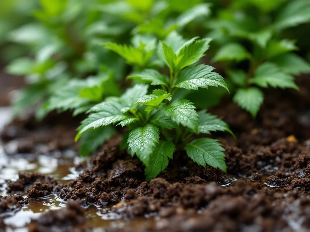 Haagbeuk hedge met waterdruppels op getande bladeren groeit in natte donkere grond na regenval