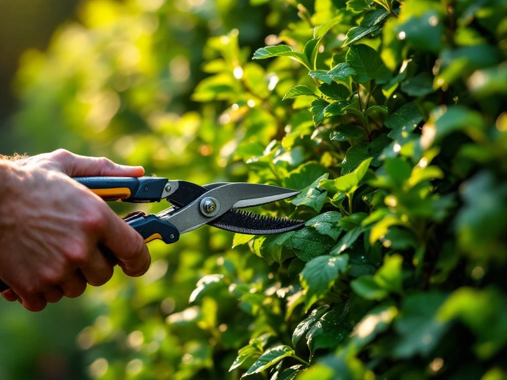 Professionele haagschaar snijdt haagbeukhaag met verse groene bladeren in ochtendlicht, tuinonderhoud close-up