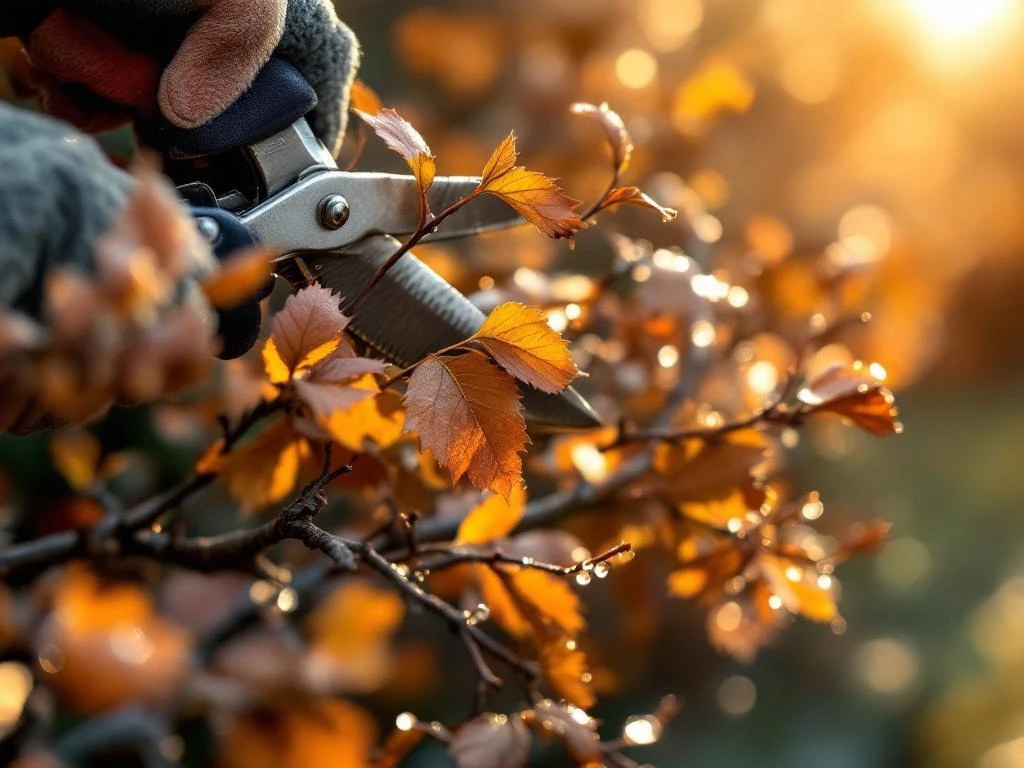 Haagbeukhaag wordt gesnoeid met professionele tuinschaar in gouden winterzonlicht, bruine bladeren met dauwdruppels