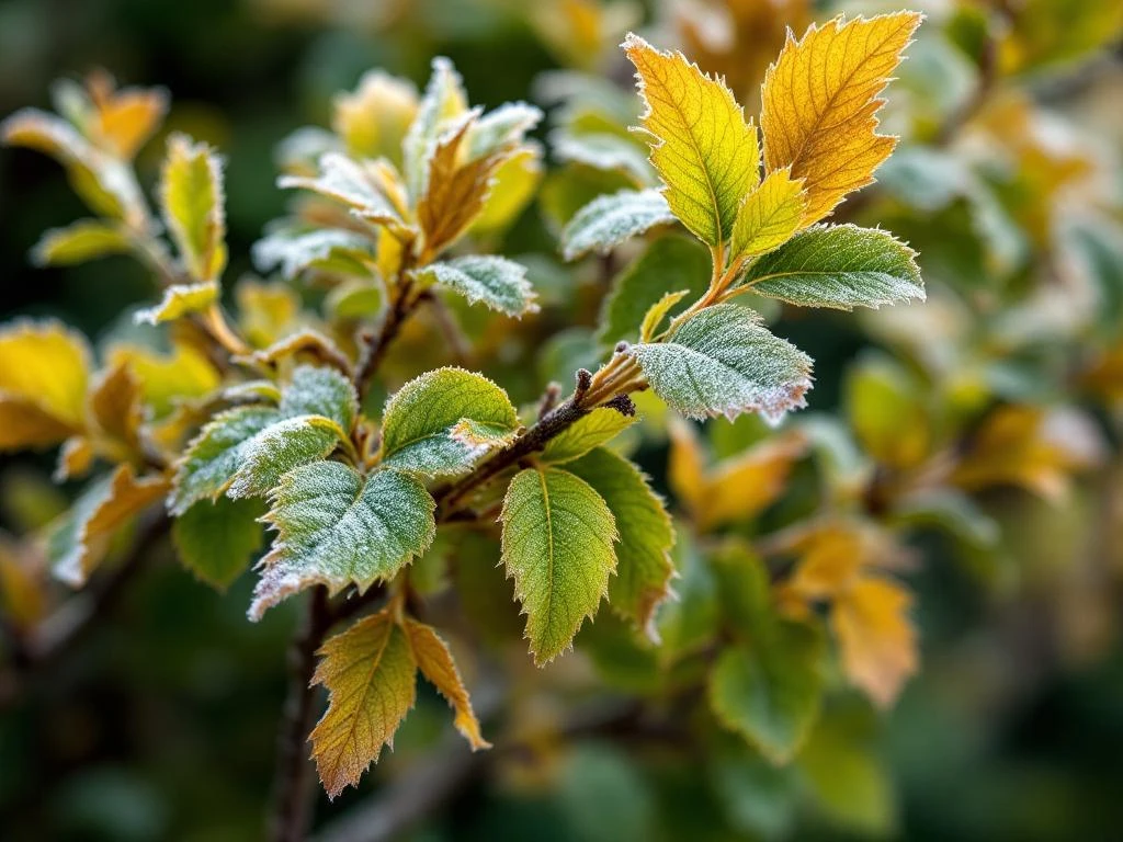 Haagbeuk takken in winter met groene en bruine bladeren, rijp op bladeren, natuurlijke tuinomgeving