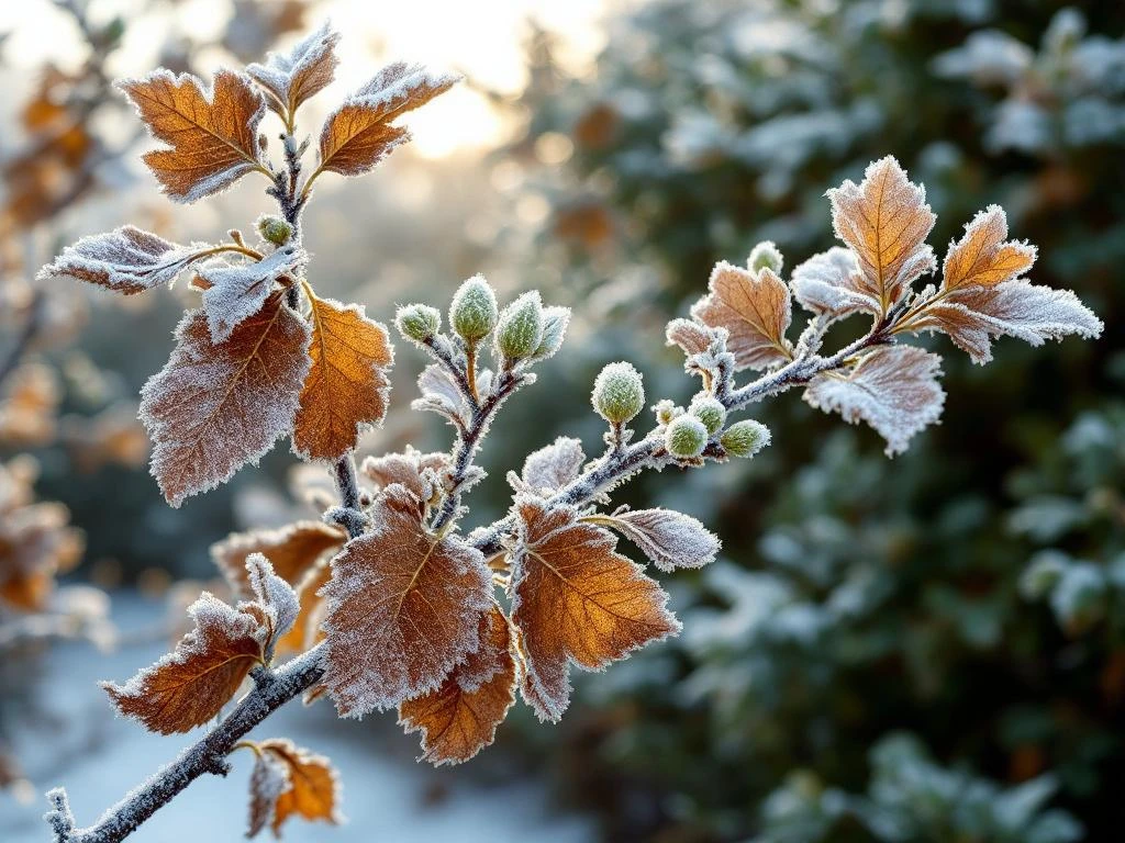 Haagbeuk takken in winter met bruine bladeren, groene knoppen en rijp in zachte ochtendlicht