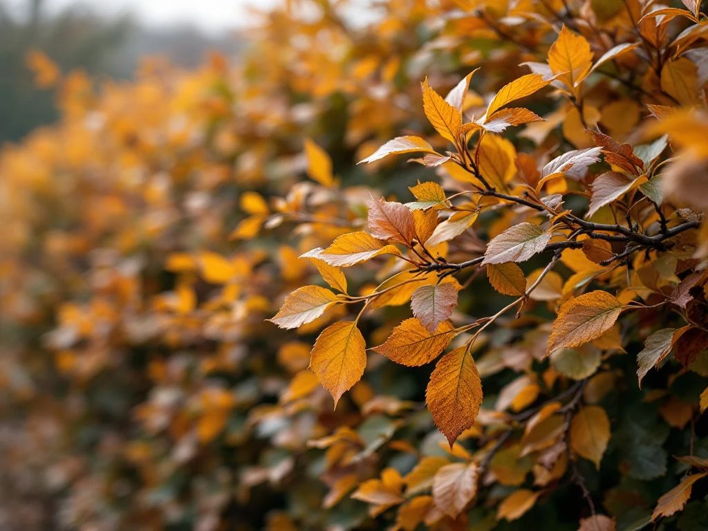 Haagbeuk takken met bruine winterbladeren in close-up, dichte structuur met geelbruine tinten tegen onscherpe achtergrond