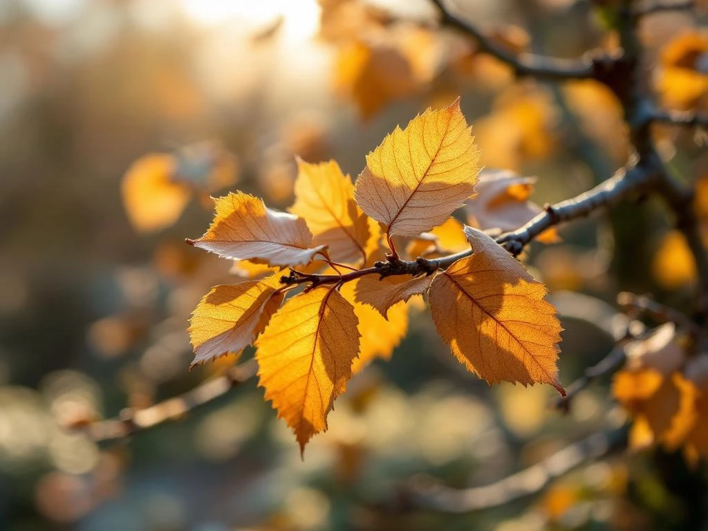 Carpinus betulus takken met goudbruine bladeren in winterlicht, scherpe voorgrond met wazige achtergrond