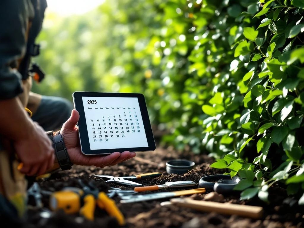 Professionele hovenier houdt tablet met 2025 kalender vast bij groene beukenhagen met snoeischaren en gereedschap