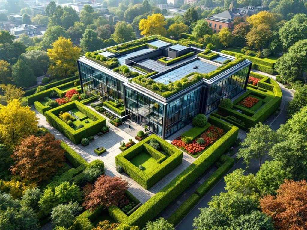 Luchtfoto van modern kantoorgebouw met inheemse beplanting en geometrische beukenhagen in natuurlijke omgeving