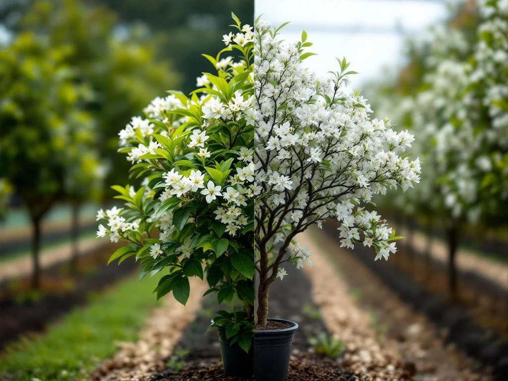 Krentenboom (Amelanchier) groeicomparatie: compacte struik links, volwassen boom rechts met witte lentebloesem in kwekerij