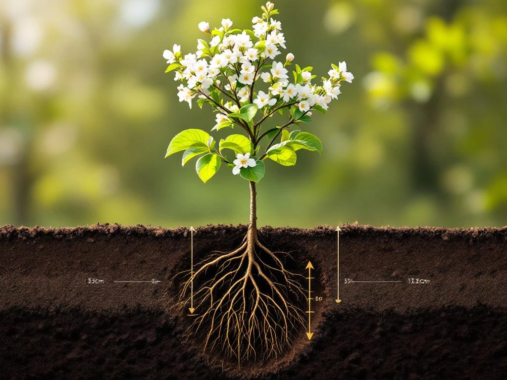 Krentenboompje plantdiepte doorsnede met witte bloesem, groene bladeren en wortelsysteem met meetmarkeringen