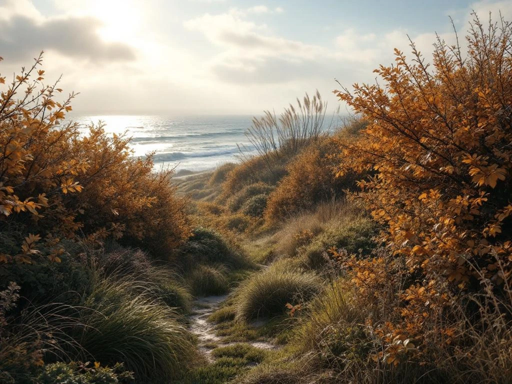 Kustlandschap met gouden beukenhagen als natuurlijke windschermen tussen wilde kustplanten en duinen in ochtendlicht