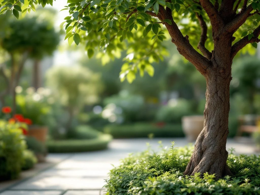 Meerstammige boom met delicate groene bladeren in goed onderhouden compacte tuin met zachte natuurlijke belichting