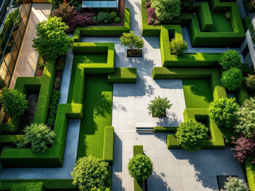 Luchtfoto van moderne bedrijfstuin met geometrische buxushagen, glazen kantoorgebouwen en groene muren in zonlicht