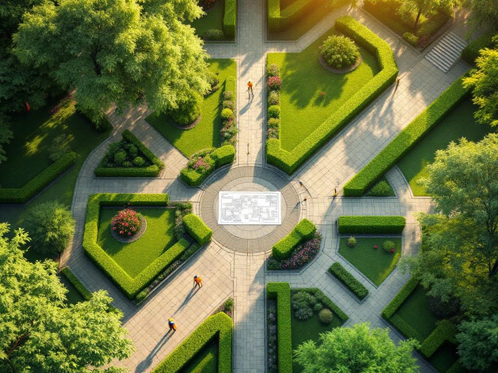Luchtfoto van openbaar park met geometrische paden, groene heggen, gazons en bloembedden tijdens gouden uur