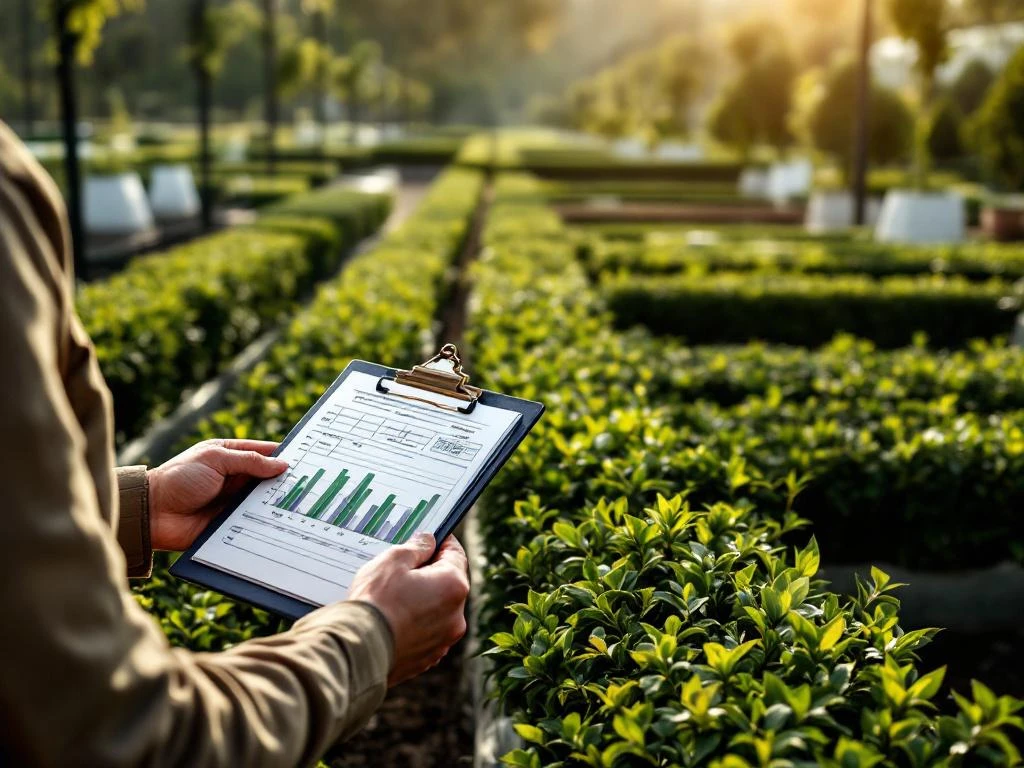 Professionele evaluatie van commerciële beukenhagen in kwekerij met klembord en meetapparatuur