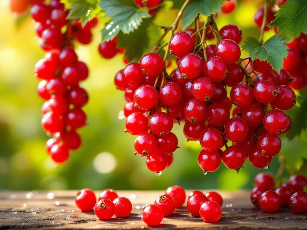 Verse rode bessen hangen in trossen aan groene takken met waterdruppels, enkele gevallen op houten planken