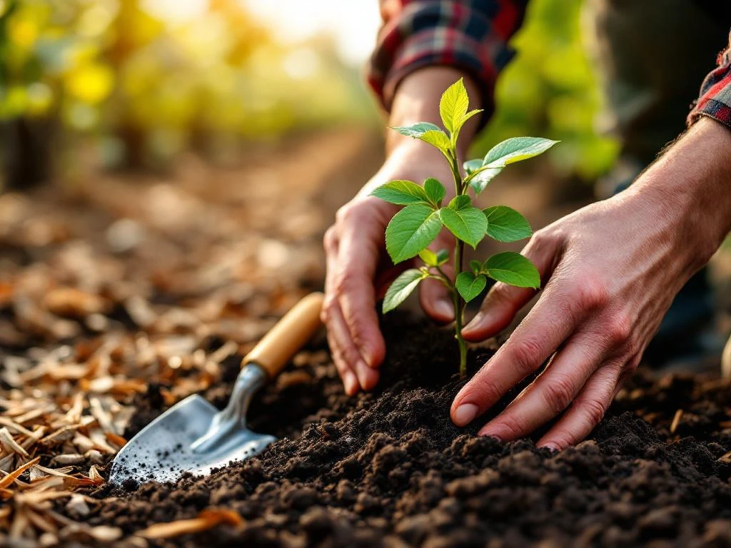Handen planten jonge krentenboom zaailing in donkere grond met tuingereedschap en ochtendlicht