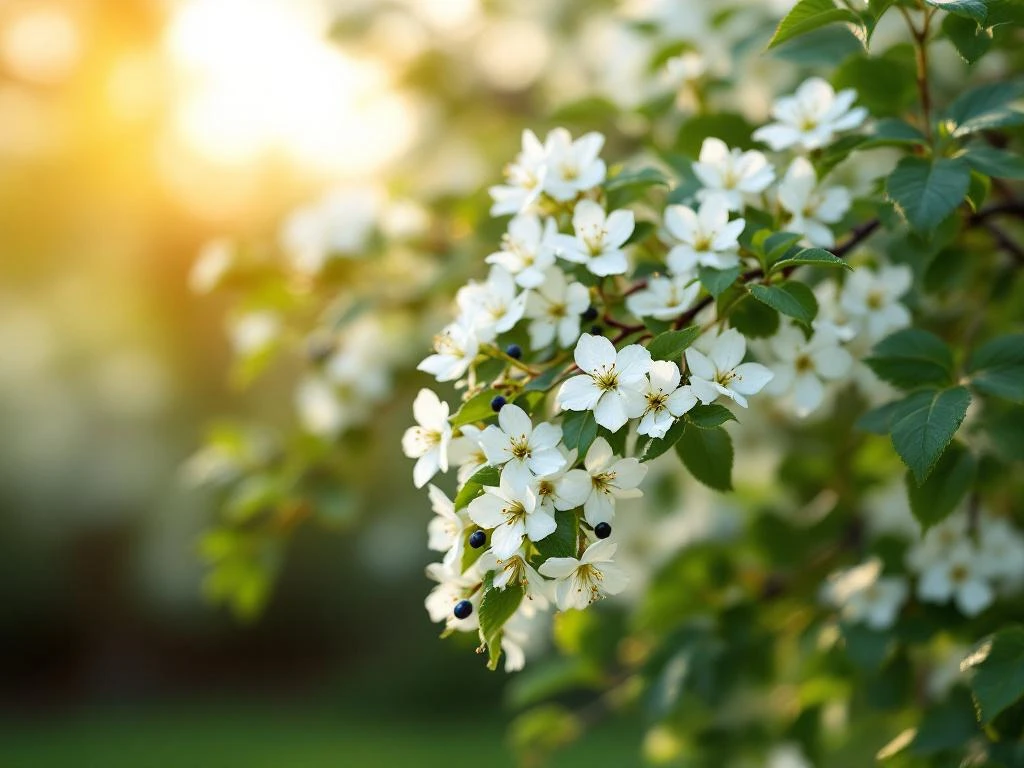 Krentenboom in bloei met witte bloemen en donkere bessen tussen getande bladeren in natuurlijke tuinomgeving