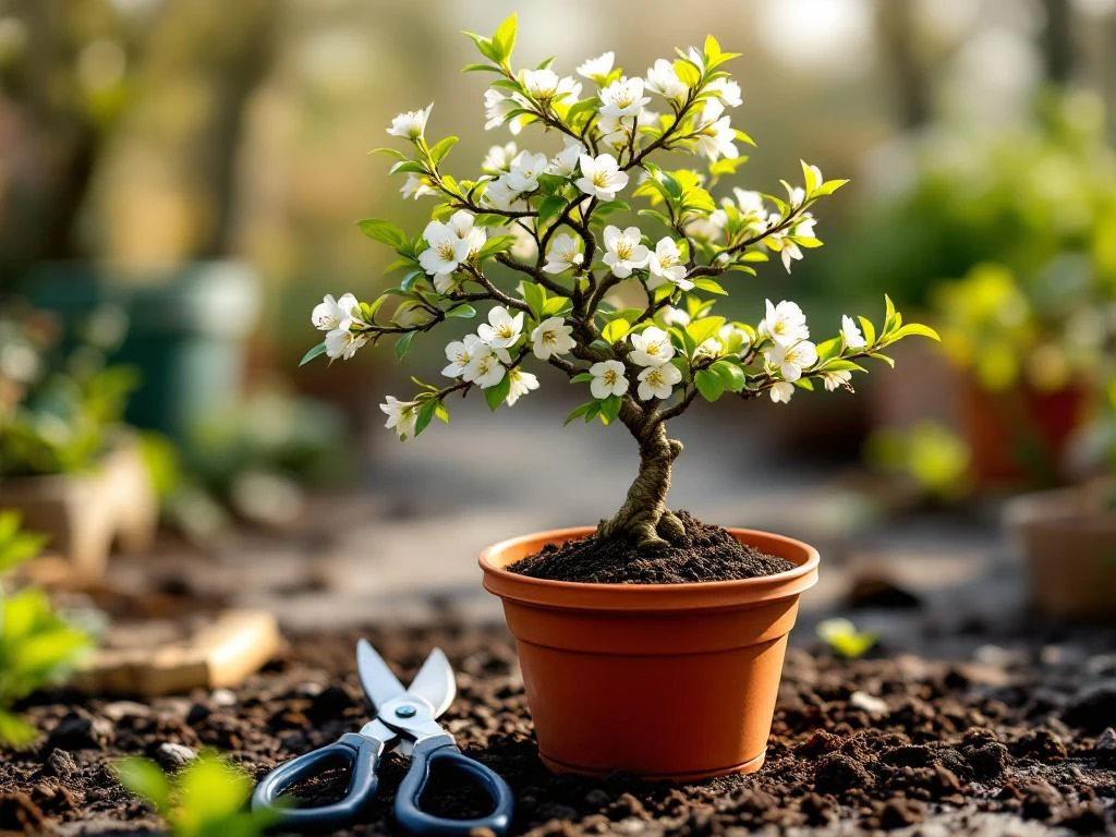 Serviceberry bonsai boom met witte bloesems in terracotta pot, snoeischaar op donkere grond in kwekerij