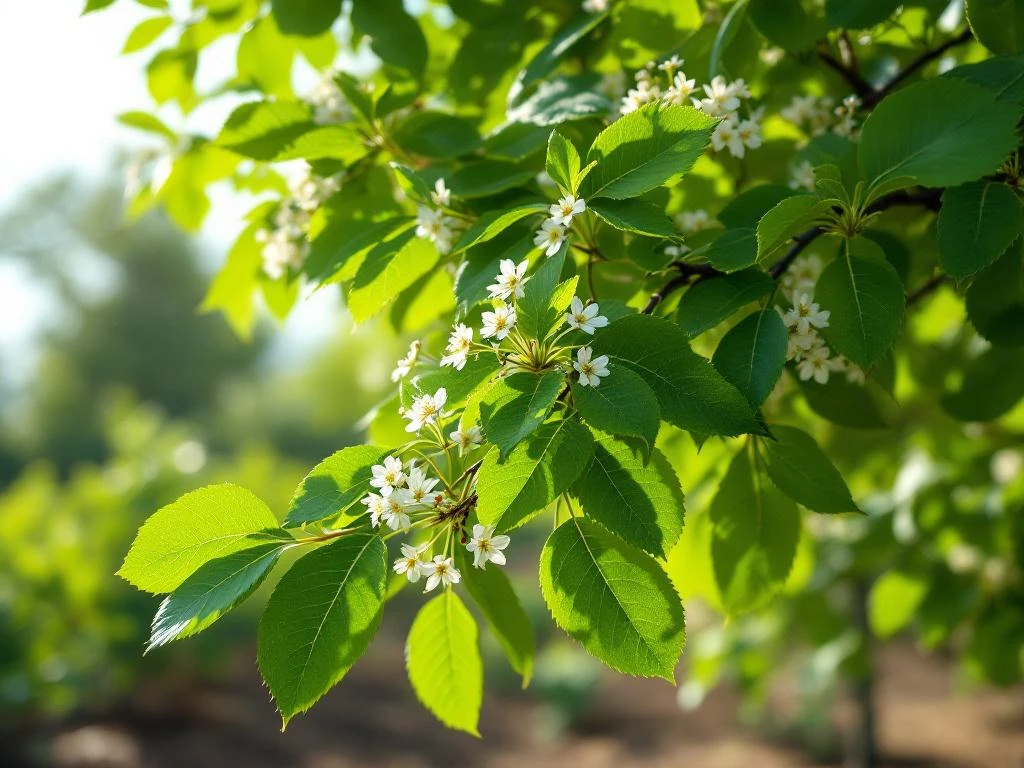 Volwassen krentenboom met groene getande bladeren en witte lentebloesem in kwekerij, gefotografeerd vanuit lage hoek