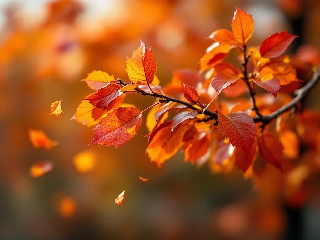 Serviceberry tak in herfst met oranje-rode bladeren die vallen, close-up met natuurlijke verlichting
