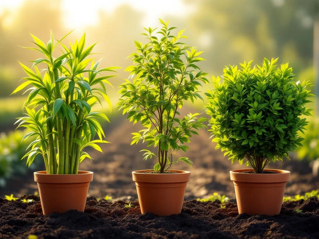 Drie snelgroeiende kweekplanten in terracotta potten: bamboe, beukenzaailing en liguster in commerciële kwekerij