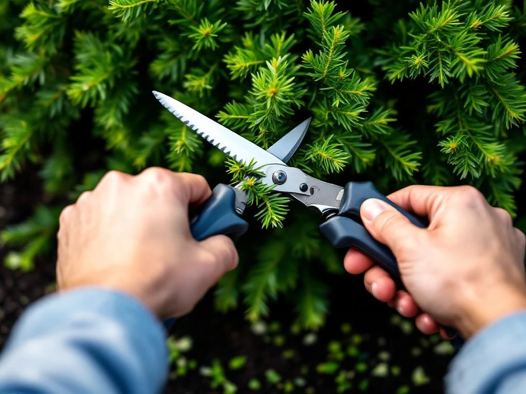 Professionele handen snoeien donkergroene taxushaag met snoeischaar, verse bladeren op donkere grond