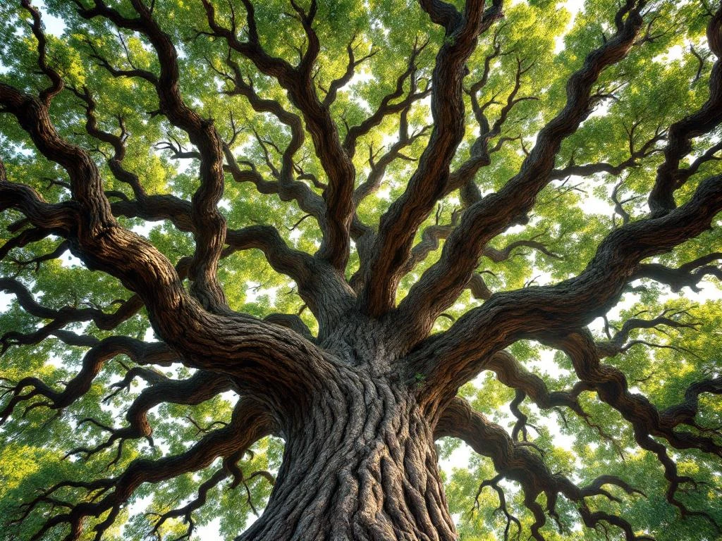 Majestueuze Spaanse eik met massieve stam en weelderige kroon in natuurlijk zonlicht