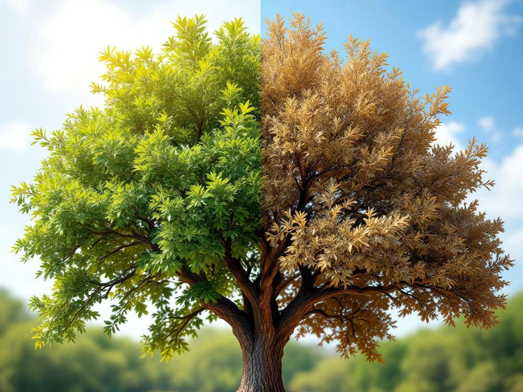 Spaanse eik met contrasterende helften: groene gezonde bladeren links, bruine droogtestress rechts