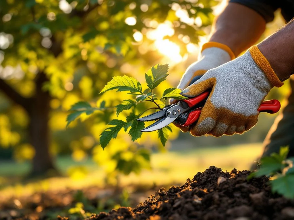 Handen met tuinhandschoenen snoeien Spaanse eik met professionele snoeischaar in gefilterd zonlicht
