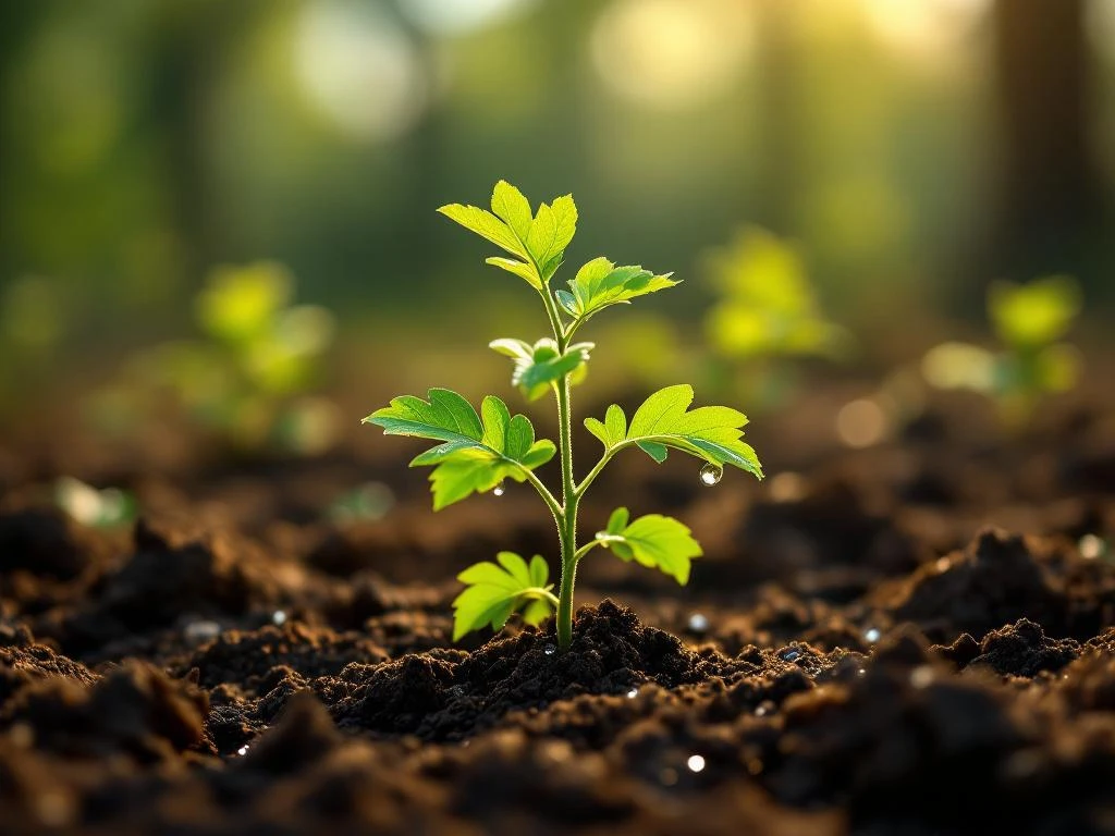 Jonge Spaanse eik zaailing met gelobde bladeren groeit uit donkere grond met dauwdruppels in ochtendlicht